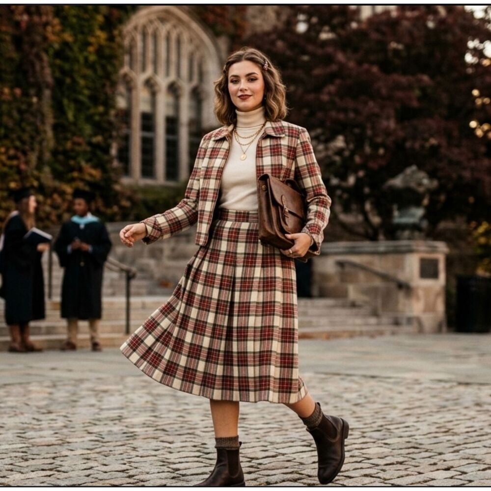 VTG Pendleton Wool Skirt Suit Set 8P Tartan Plaid Dark Academia Old Money Prep